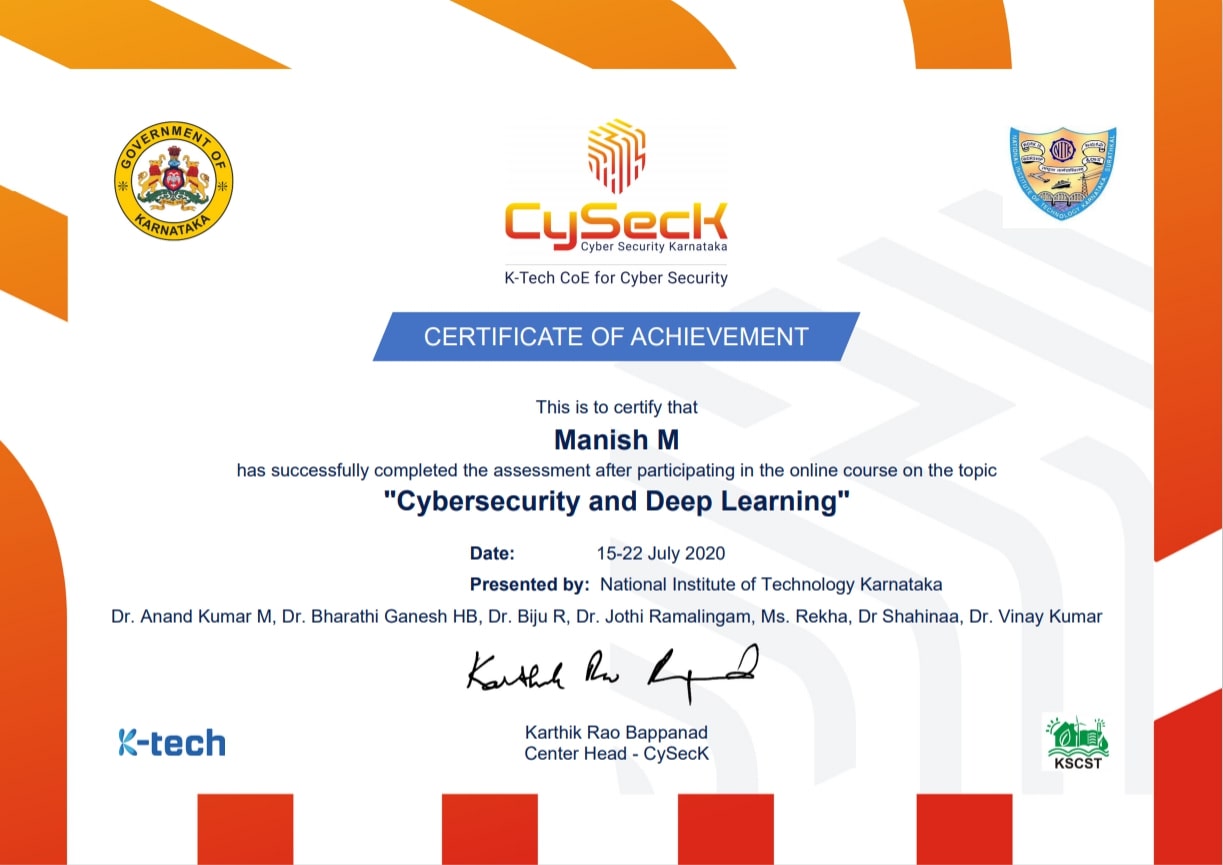 Cybersecurity Karnataka Cybersecurity and Deep learning certificate